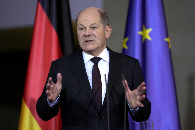 Le chancelier allemand Olaf Scholz lors d'une conférence de presse à Berlin, le 12 février 2024. 