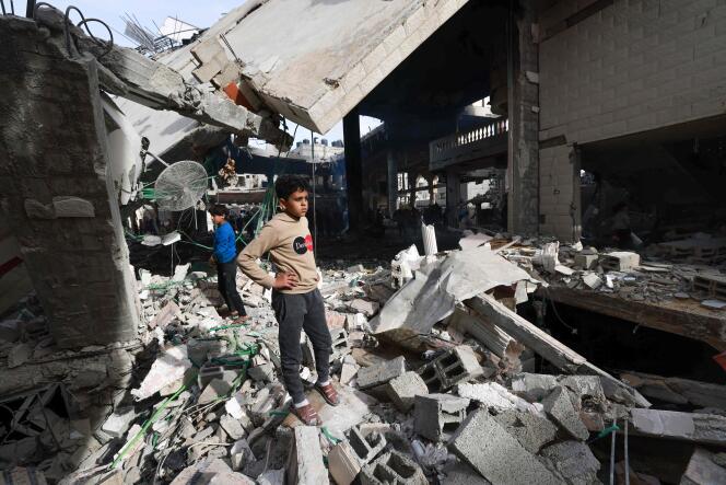 In the ruins of a mosque in Rafah, after Israeli bombing, February 12, 2024. 