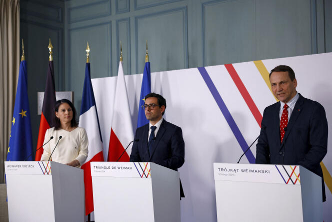 From left to right: German Foreign Minister Annalena Baerbock, her French counterpart Stéphane Séjourné and her Polish counterpart Radoslaw Sikorski, in La Celle Saint-Cloud, France, on February 12, 2024.