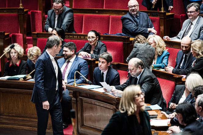 Gabriel Attal (au centre), lors d’une séance de questions au gouvernement, à l’Assemblée nationale, à Paris, le 13 février 2024.