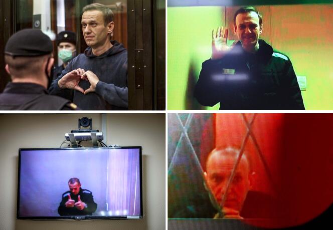 De gauche à droite et de haut en bas : Alexeï Navalny au tribunal de Moscou, le 2 février 2021. En vidéo depuis sa prison lors de son procès à Moscou en avril 2023. En vidéo depuis sa prison lors de son procès à Petushki, en mai 2021. En vidéo depuis la colonie pénitencière IK-3 lors de son procès à Moscou, en janvier 2024.