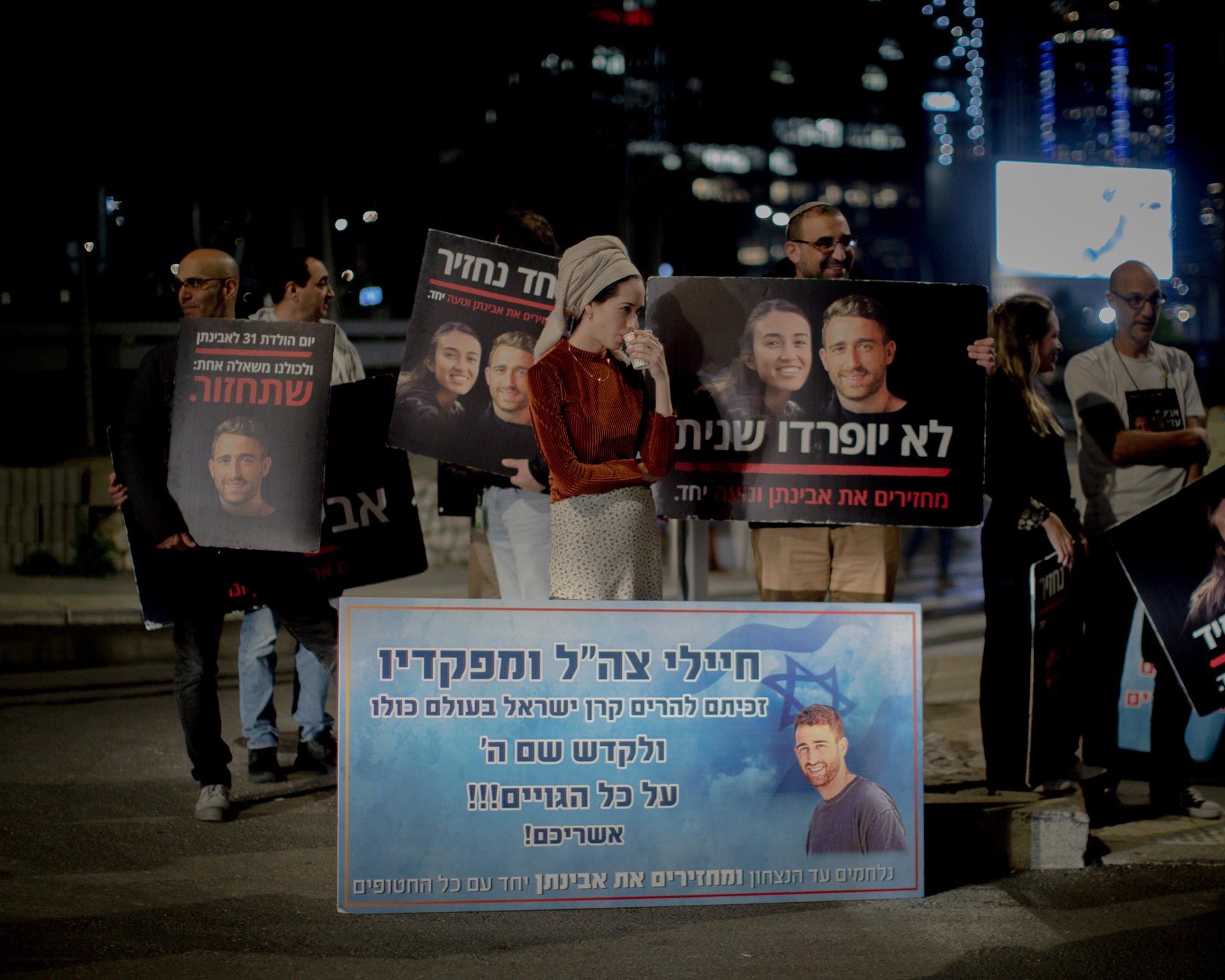 Galia Dekel (center), sister of Avinatan Or, kidnapped on October 7, 2023, with his girlfriend, Noa Argamani, at a rally in support of her brother in front of the Kirya, the military command headquarters, in Tel Aviv, February 12, 2024.