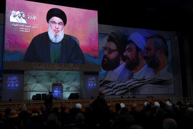 Le chef du mouvement islamiste libanais, Hassan Nasrallah, lors d’une allocution télévisée le 16 février 2024. 