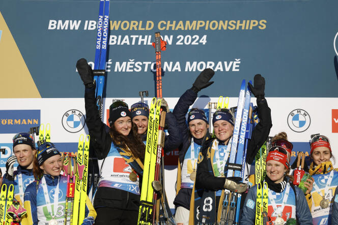 The French women's biathlon team of Justine Bresas-Bouchet, Sophie Chauveau, Lou Jeanmonot and Julia Simon in the Czech Republic on February 17, 2024.
