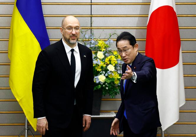Ukrainian Prime Minister Denis Simihal meets with his Japanese counterpart Fumio Kishida as part of the Japan-Ukraine Summit in Tokyo on February 19, 2024.