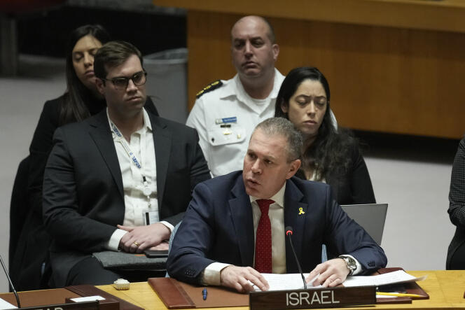 Gilad Erdan, Israeli ambassador to the United Nations, during a Security Council meeting at UN headquarters in New York on February 20, 2024.