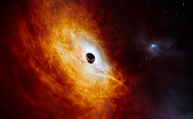 Cette impression d’artiste diffusée par l’Observatoire européen austral (ESO) le 21 février 2024 montre le quasar record J059-4351, le noyau lumineux d’une galaxie lointaine alimenté par un trou noir supermassif. 