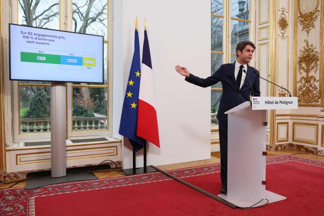 El primer ministro Gabriel Attal durante una conferencia de prensa en respuesta a la crisis agrícola, en el hotel Matignon, en París, el 21 de febrero de 2024.