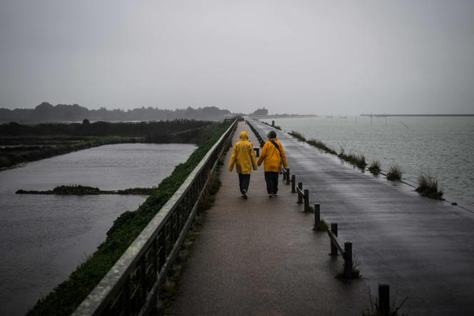 People walk on a jetty installed to protect a polder (left) from flooding and marine submersion in Noirmoutier-en-l'Ile on the island of Noirmoutier on February 7, 2024.