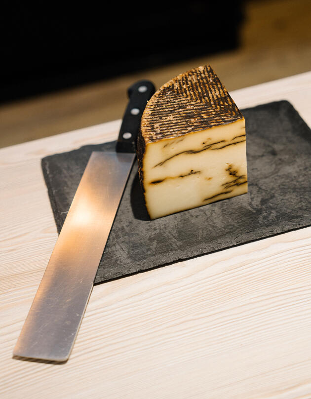 A black garlic-infused ewe's milk cheese from Fromagerie Gambetta, Biarritz, February 17, 2024.