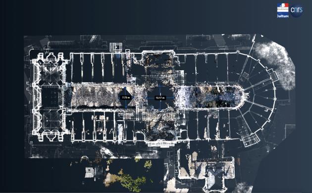 Measurements taken on an orthographic projection of several 3D point clouds: that of the remains of the framework on the extrados of the choir vaults of Notre-Dame Cathedral in Paris, after the fire on April 15, 2019.