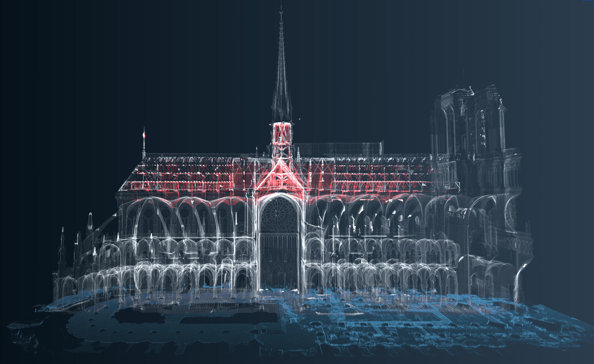 Nuage de points 3D, de la coupe longitudinale sur la partie sud de la cathédrale Notre-Dame de Paris. En rouge, relevé effectué par Andrew Tallon quelques années avant l’incendie de 2019.