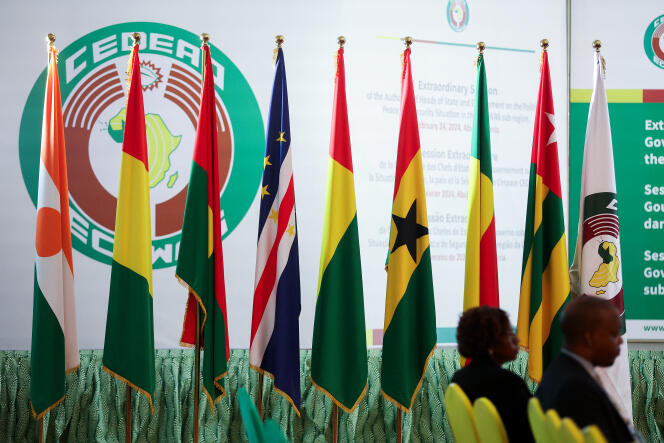 The flags of the countries of the Economic Community of West African States (ECOWAS) Commission in Abuja, February 24, 2024.