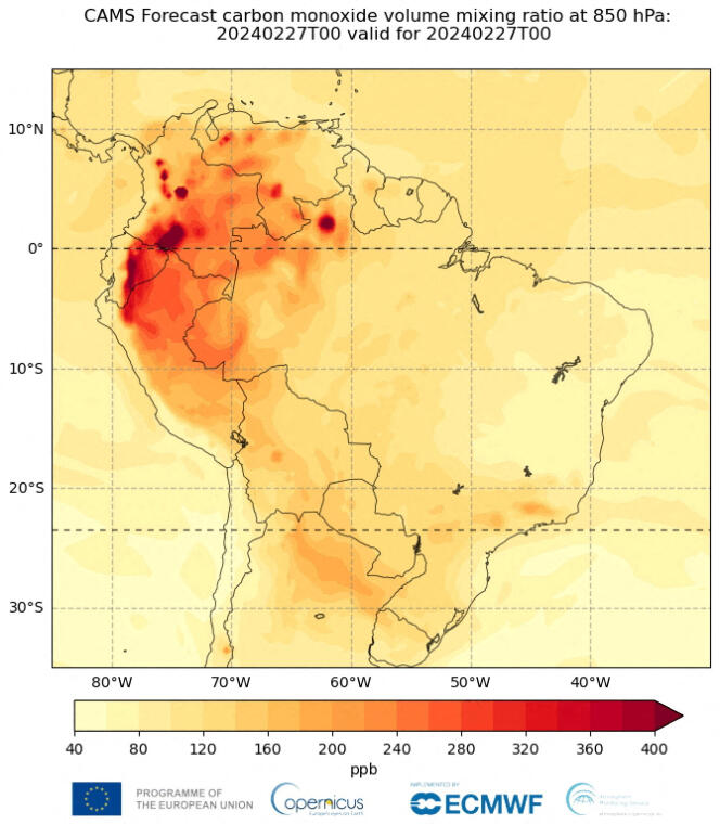 Représentation des émissions de dioxyde de carbone dues aux feux de forêt en Amérique du Sud. 