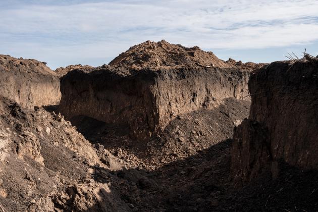 A trench under construction about seven kilometers from Russian positions in the Donetsk region of Ukraine, February 24, 2024.