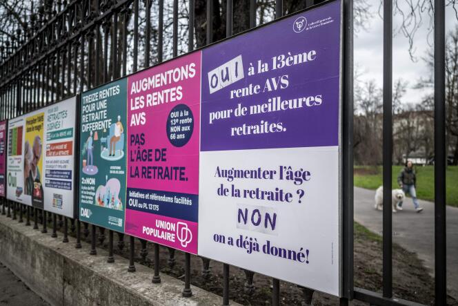 This photograph taken on February 27, 2024, shows, referendum posters in Geneva, Switzerland, ahead of two national referendum on retirement initiatives, including on raising the retirement age and on raising pension payments.