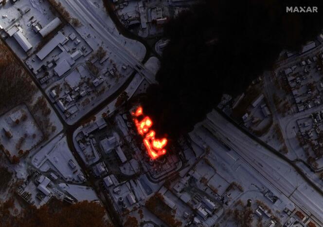 An infrared view of a refinery in Klintsy, western Russia, on January 19, 2024.
