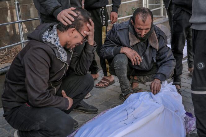 The body of a Palestinian killed during a food aid distribution, during which Israeli forces opened fire on the crowd, at Al-Shifa Hospital in Gaza City, February 29, 2024. 