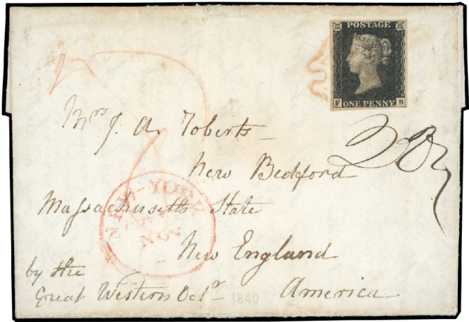 Grande-Bretagne, lettre avec le « penny black », de Cheltenham pour New Bedford, aux Etats-Unis, du 26 octobre 1840, 184 000 euros.