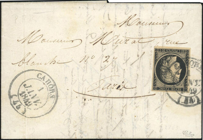 Lettre avec 20 centimes noir Cérès du 1er janvier 1849, de Cahors pour Paris, cachet d’arrivée du 3 janvier, 28 000 euros.