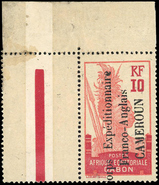 Cameroun, 10 centimes rouge, surcharge « Corps Expéditionnaire Franco Anglais » sur timbre d’Afrique équatoriale Gabon, 16 000 euros.
