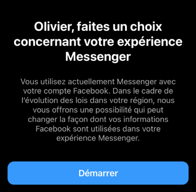 Exemple de message reçu sur l’application Messenger demandant à l’internaute s’il souhaite garder ou non le lien avec son compte Facebook.