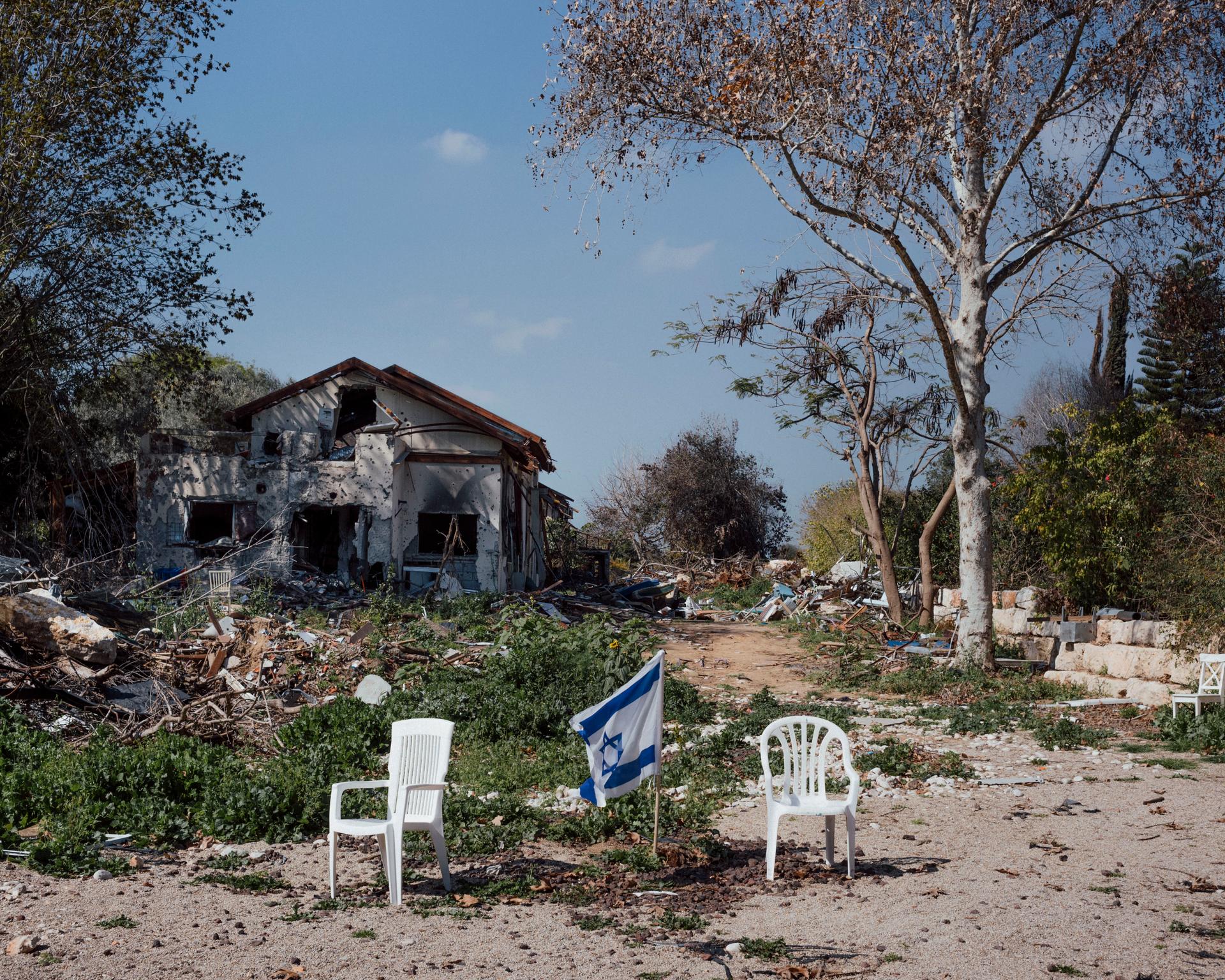 Ruins of houses destroyed in the Hamas attack on the kibbutz on October 7, 2023, in Be'eri, Israel, February 21, 2024.