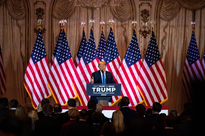 Donald Trump s’exprime lors de la soirée électorale du Super Tuesday, à sa résidence de Mar-a-Lago, à Palm Beach (Floride), le 5 mars 2024.