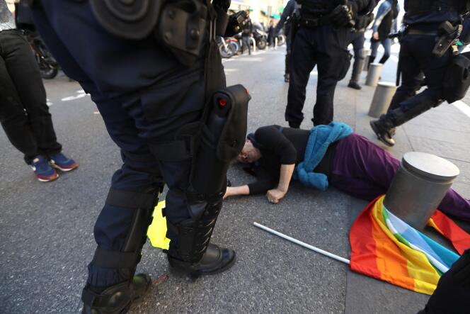 Geneviève Legay, projetée au sol et blessée par une charge policière, lors d’une manifestation de « gilets jaunes » à Nice, le 23 mars 2019.