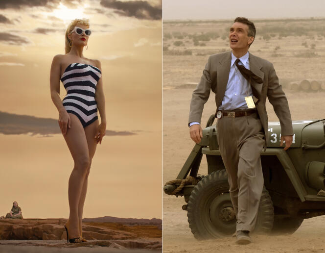 A gauche, Margot Robbie dans une scène du film « Barbie » ; à droite, Cillian Murphy dans le film « Oppenheimer ». Ces deux films ont été des  blockbusters en 2023.