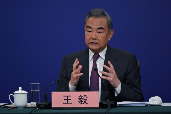 Wang Yi, ministre des affaires étrangères chinois, lors d’une conférence de presse en marge de la session annuelle du Parlement chinois, à Pékin, le 7 mars 2024.