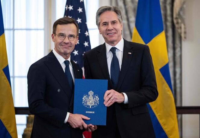 El primer ministro sueco, Ulf Kristersson, y el secretario de Estado estadounidense, Anthony Blinken, durante una conferencia de prensa en Washington el martes 7 de marzo de 2024.