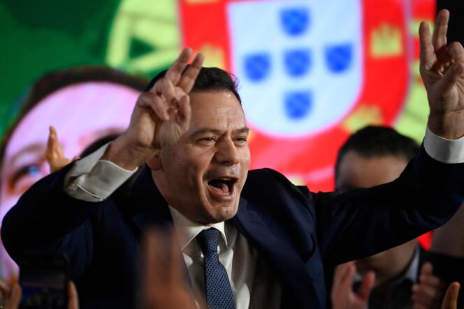 Luis Montenegro, leader of the Democratic Alliance, celebrates his party's victory in Lisbon on March 10, 2024.