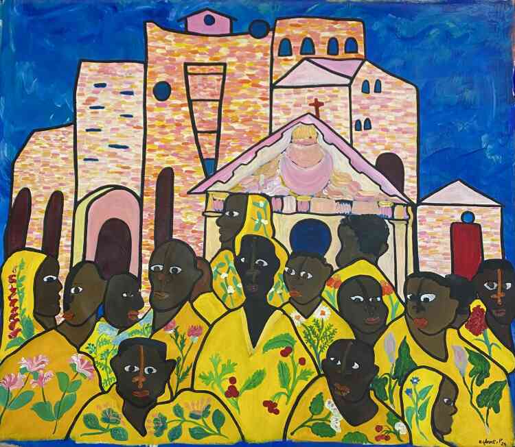 « A la porte de la Chapelle », de Francis Essoua Kalu (acrylique sur toile, 142 cm x 154 cm, 2024).