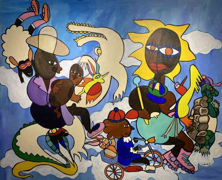 « Esua Esua a yabe, Essoua Essoua est née », de Francis Essoua Kalu (acrylique sur toile, 245 cm x 293 cm, 2024).
