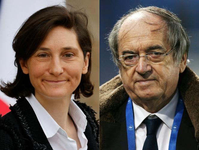 Amélie Oudéa-Castéra, le 13 mars 2024 à Paris, et Noël Le Graët, le 15 septembre 2017 à Paris.