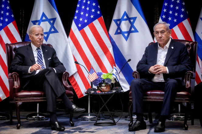 US President Joe Biden, left, pauses during a meeting with Israeli Prime Minister Benjamin Netanyahu, right, to discuss the war between Israel and Hamas, in Tel Aviv, Israel, October 18, 2023.  