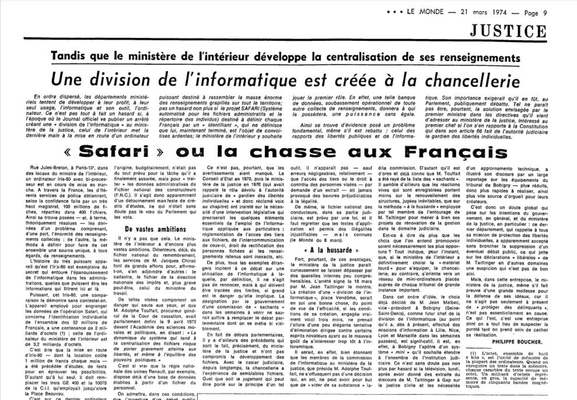 Fac-similé de l’article du « Monde » daté du 21 mars 1974 sur « Safari ». 