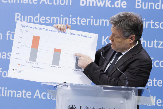 Robert Habeck, ministre de l’économie et du climat allemand, présente les données sur les émissions de gaz à effet de serre pour 2023 et les projections jusqu’en 2030 lors d’une conférence de presse à Berlin, vendredi 15 mars 2024.