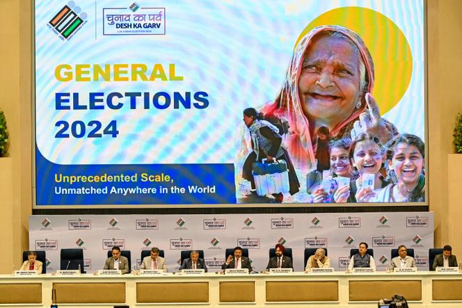 Der Oberste Wahlkommissar Indiens, Rajiv Kumar, Spricht Während Einer Pressekonferenz In Der Indischen Wahlkommission In Neu Delhi Am 16. März 2024. 