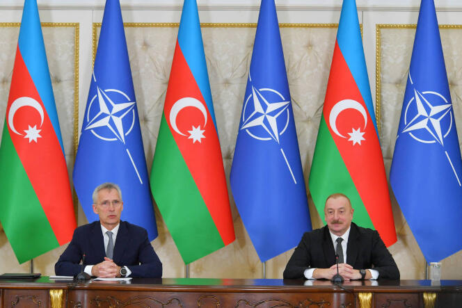 Azerbaijani President Ilham Aliyev and NATO Secretary General Jens Stoltenberg deliver press statements following their talks in Baku on March 17, 2024.