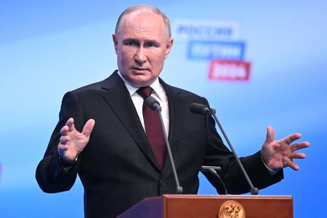 Russian President Vladimir Putin at his campaign headquarters in Moscow on March 18, 2024.