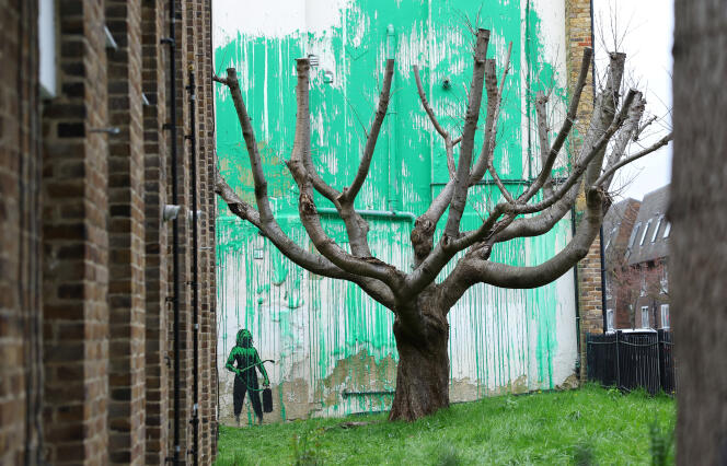 A view shows a detail of a new mural attributed to the British artist Banksy in north London, Britain, on March 18, 2024.