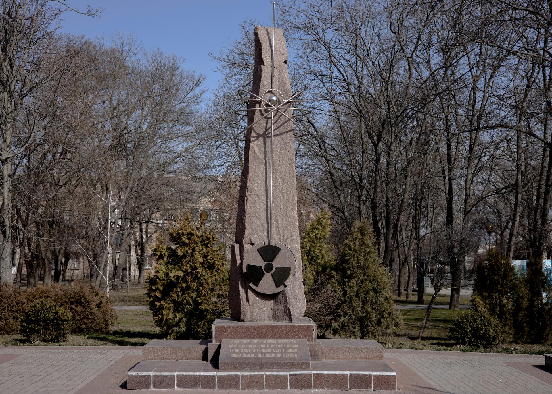 A monument erected in memory of the liquidators who died following the Chernobyl nuclear disaster, in Nikopol, southern Ukraine, on March 7, 2024.