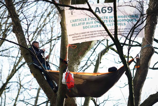 Deux militants écologistes ont installé un campement dans un arbre près du Parlement européen, pour protester contre le projet d’autoroute A69, à Bruxelles (Belgique), le 18 mars 2024 