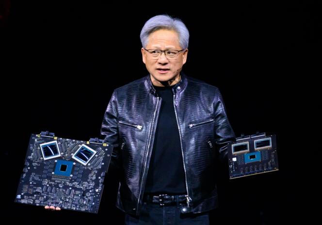 Jensen Huang, PDG de Nvidia, lors de la conférence annuelle sur l’intelligence artificielle, au SAP Center de San Jose, en Californie, le 18 mars 2024.