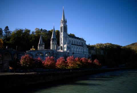 A photograph taken on November 8, 2023 shows a view of Notre Dame du Rosaire Basilica on the last day of the plenary assembly of the bishops of France, in Lourdes, southwestern France. (Photo by Lionel BONAVENTURE / AFP)