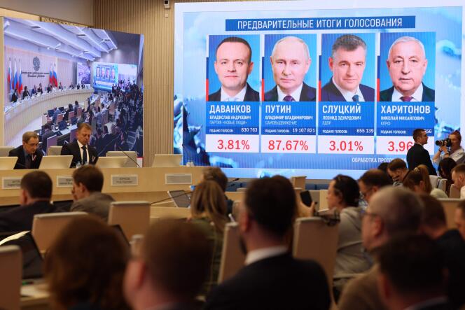 Prime stime sull'esito delle elezioni presidenziali presso la Commissione elettorale centrale di Mosca il 17 marzo 2024.