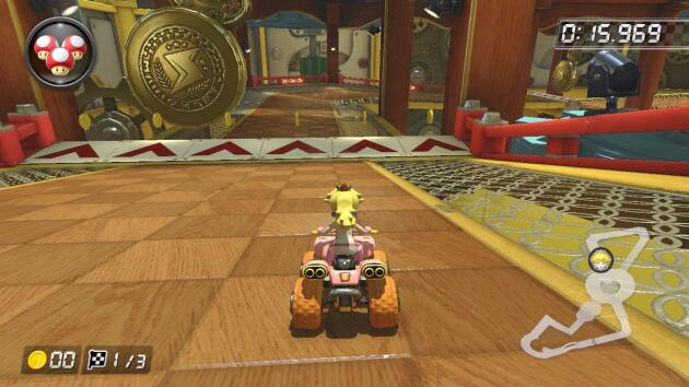 Chaud devant ! Toute de rose vêtue et aux commandes d’un énorme quad, Peach parcourt un circuit sur « Mario Kart 8 Deluxe » (2017).