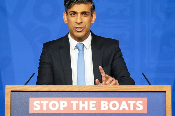 Britain's Prime Minister Rishi Sunak hosts a press conference inside the Downing Street Briefing Room, in central London on January 18, 2024, following the passing of the government's Rwanda Bill in the House of Commons. UK Prime Minister Rishi Sunak survived a key test of his leadership Wednesday, fending off right-wing rebels to win a crunch parliamentary vote on his contentious plan to send migrants to Rwanda. (Photo by Stefan Rousseau / POOL / AFP)
